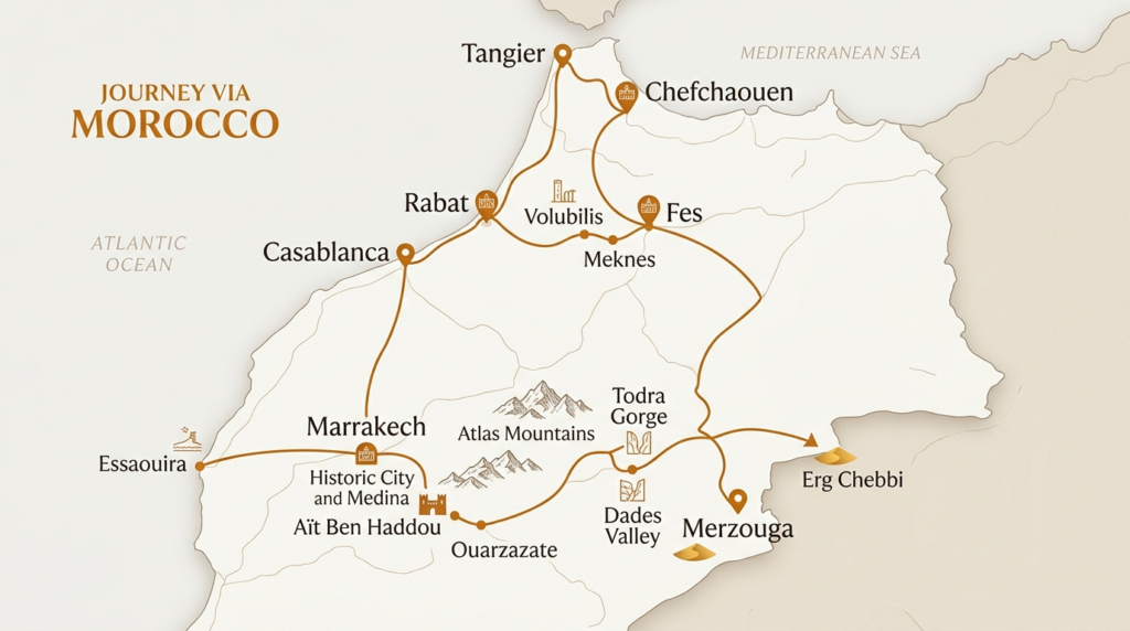 Map of Best morocco itineraries connecting Marrakech, Fes, Merzouga, Chefchaouen and other destinations